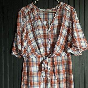 Ces Femme Plaid Button Front Midi Dress 100% Cotton Red White Blue Size M DT5033